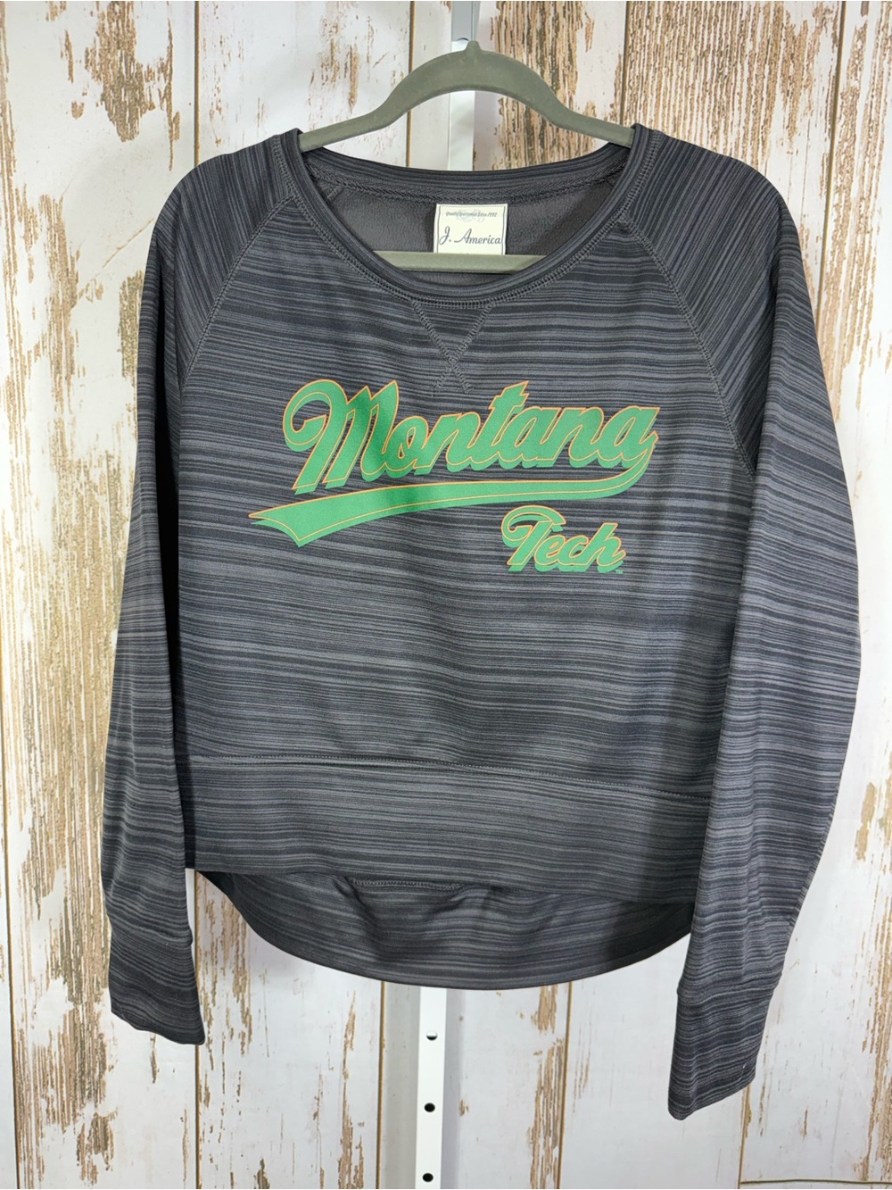 J. America, Charcoal Gray Cropped Pullover Sweatshirt Montana Tech. Size Large.